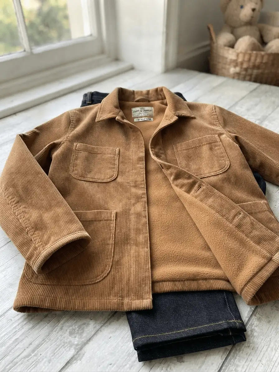Selbstgenähte, gefütterte Cordjacke aus hellem Super-Soft-Cord als Meterware in Camel mit aufgesetzten Taschen