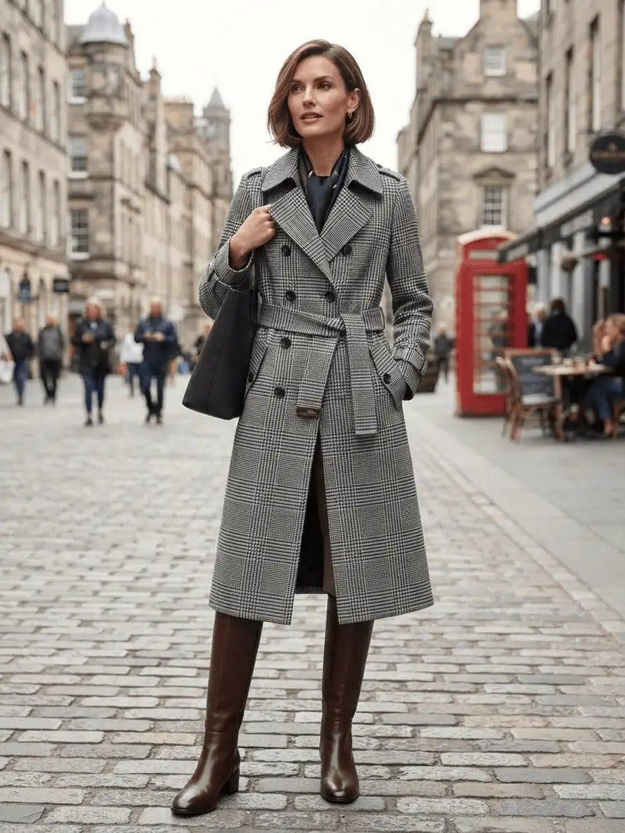Stilerprobter Trenchcoat aus dem Karostoff Scottish Check (Glencheck) getragen von einer Frau in einer historischen Stadtstraße.