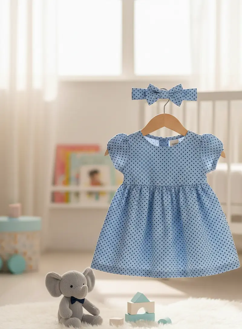 Ein genähtes Anwendungsbeispiel aus unserem hellblauen Baumwolljersey: Ein süßes Babykleid mit Puffärmeln und dunkelblauen Polka Dots. Das Kleid hängt zusammen mit einem passenden Schleifen-Stirnband an einem Holzbügel in einem hellen Kinderzimmer.