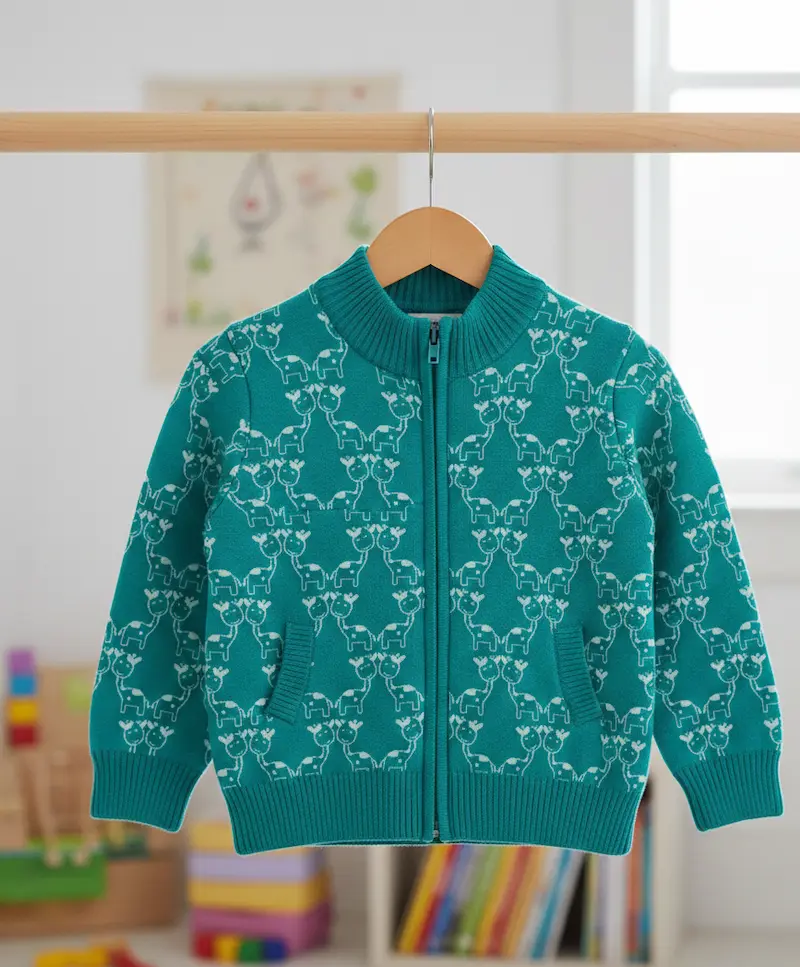 Eine petrolfarbene Kinder-Strickjacke aus Jacquardstoff mit weiß eingestricktem Giraffen-Muster hängt auf einem Holzkleiderbügel. Die Jacke hat einen hohen Strickkragen, einen Reißverschluss und Rippbündchen an Ärmeln und Saum.