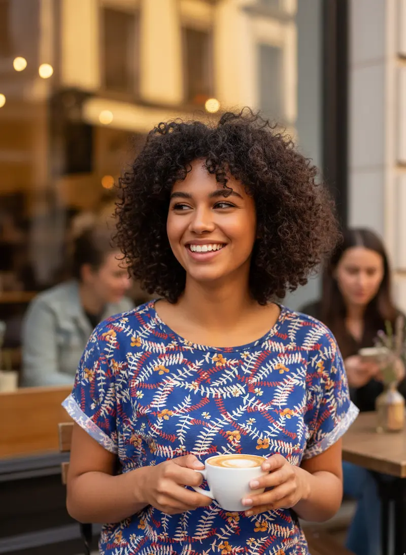 Eine lächelnde junge Frau mit lockigem Haar sitzt in einem Straßencafé und hält eine Kaffeetasse. Sie trägt ein selbstgenähtes T-Shirt mit umgeschlagenen Ärmeln aus dem blauen Baumwolljersey mit dem floralen Blättermuster.