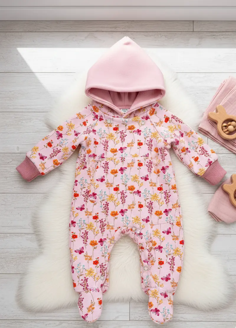 Ein selbstgenähter Baby-Outdoor-Overall mit Kapuze aus hellrosa Alpenfleece mit Blumenmuster, flach ausgebreitet auf einem weißen Fellteppich.