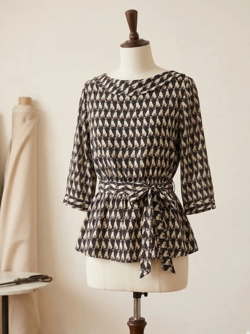 Elegante Schößchen-Bluse aus Viskose Webware mit dezentem Katzen-Muster in Schwarz und Beige auf einer Schneiderpuppe in einem Nähatelier.
