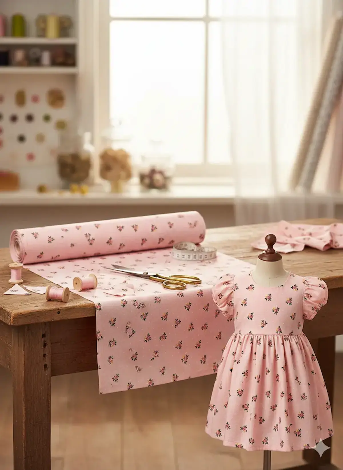 Nähstube mit einer Stoffrolle aus rosa Baumwoll-Popeline mit Blumenmuster auf einem Holztisch und einem daraus genähten Mädchenkleid auf einer Schneiderpuppe.