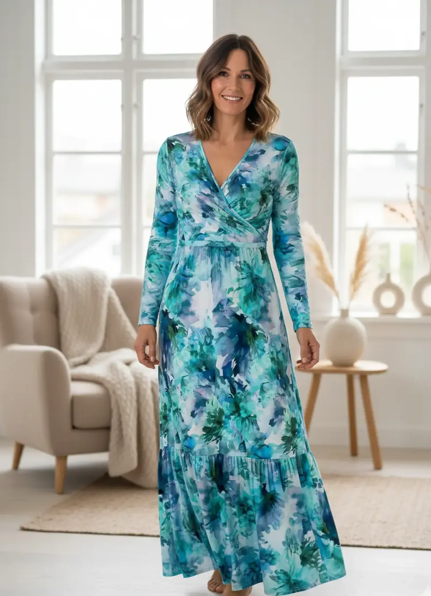 Eine lächelnde Frau präsentiert ein bodenlanges Wickelkleid aus fließendem Viskosejersey. Der Stoff zeigt ein florales Muster in verschiedenen Blau-, Türkis- und Grüntönen.
