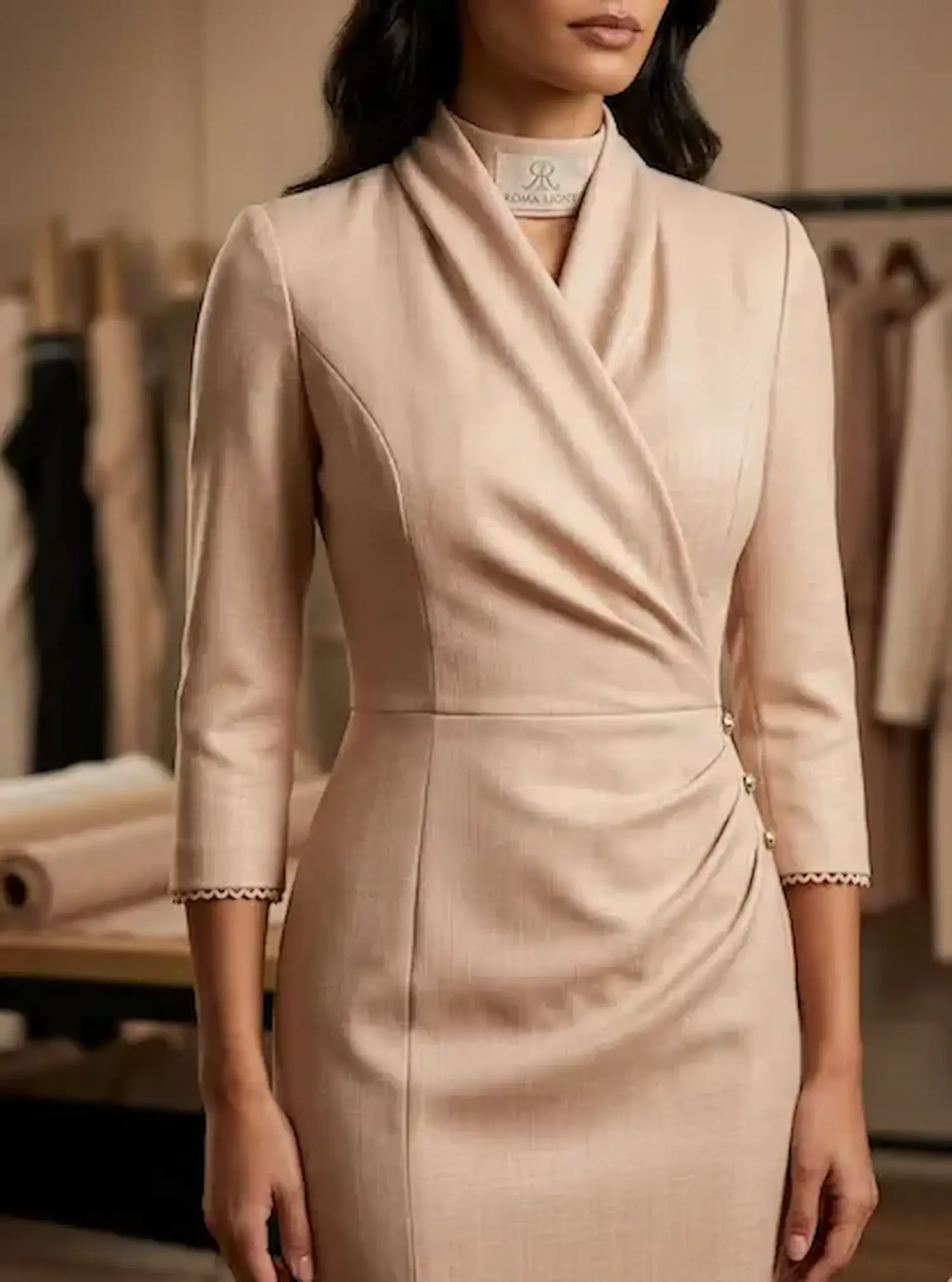 Elegantes Damenkleid aus leichtem Punta di Roma Jersey in Nude mit Wickeloptik und feiner Textur.