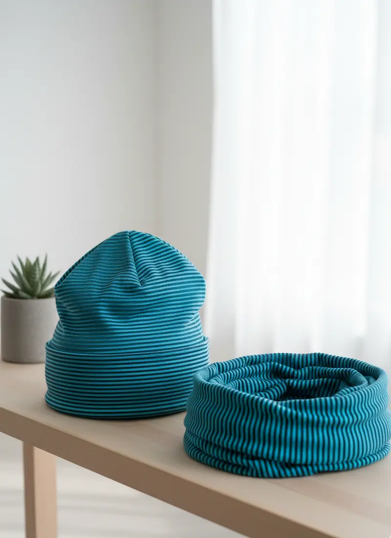 Ein Set aus einer Beanie-Mütze und einem passenden Loop-Schal auf einem Holzbrett, genäht aus feingestreiftem Baumwolljersey in Türkis und Mittelblau; ideal als Geschenk-Inspiration.