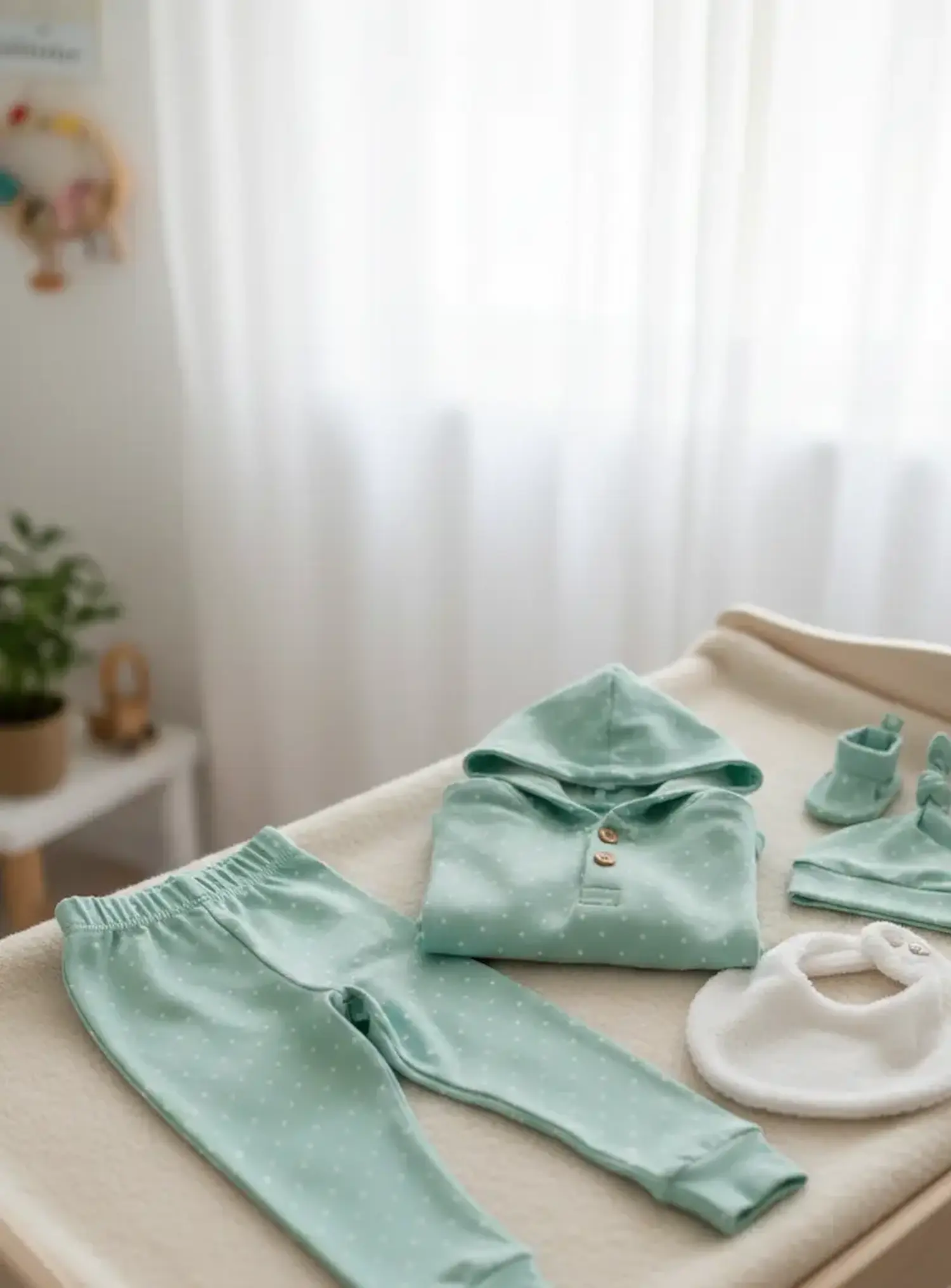 Ein handgenähtes Baby-Set aus mintgrünem Jerseystoff mit feinen weißen Punkten, bestehend aus einer Hose, einem Kapuzen-Shirt mit Holzknöpfen, Mütze und Schühchen, liegend auf einer Wickelunterlage.