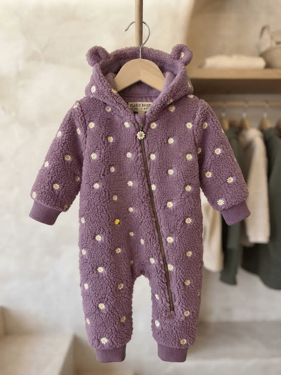 Kuscheliger Babyoverall mit Kapuze und Bärenohren aus Teddyplüsch in Beere-Mauve mit Gänseblümchen-Muster.