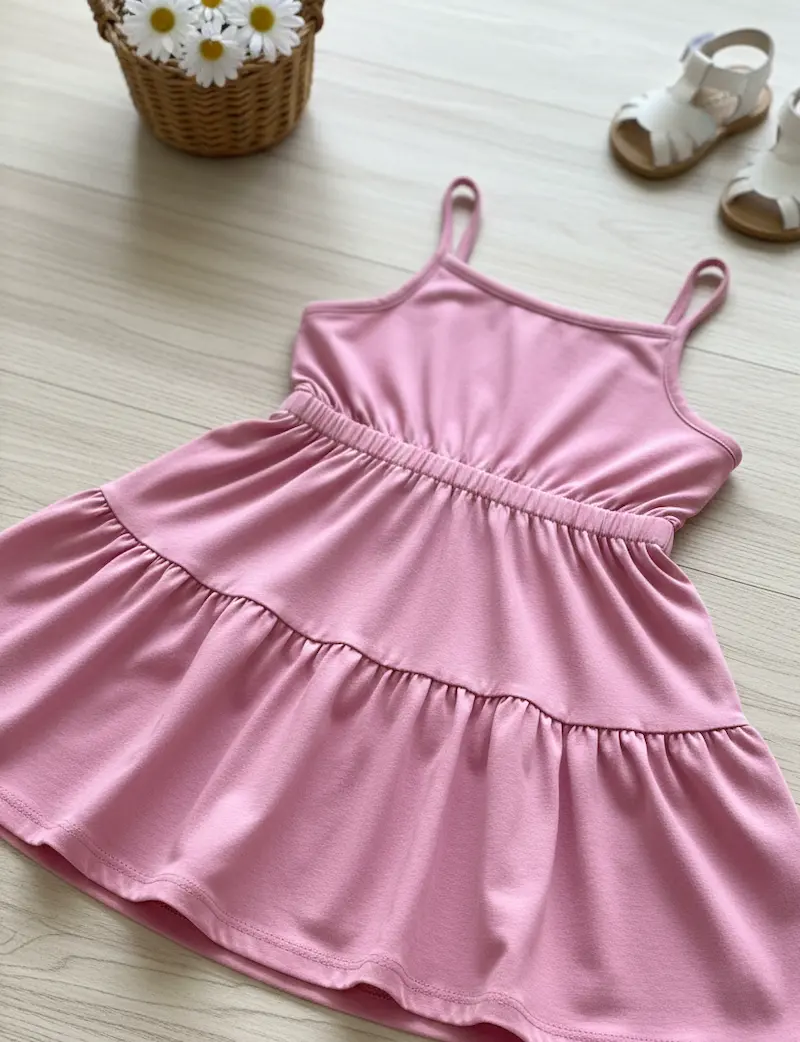 Leichtes gestuftes Sommerkleid aus altrosa Baumwolljersey auf hellem Boden, dekoriert mit weißen Sandalen und einem Gänseblümchen-Korb.