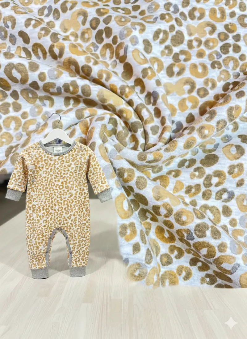 Kuscheliger Alpenfleece Stoff mit Leomuster als Meterware, präsentiert mit einem genähten Baby-Strampler auf einem Kleiderbügel vor drapierter Stoffkulisse.