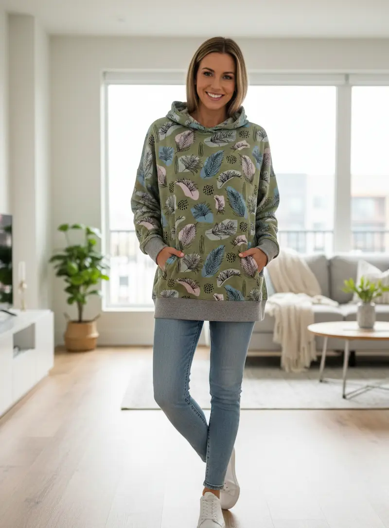 Frau trägt einen Oversized-Hoodie aus French Terry mit botanischem Blätterprint in Khaki, Blau und Naturtönen.