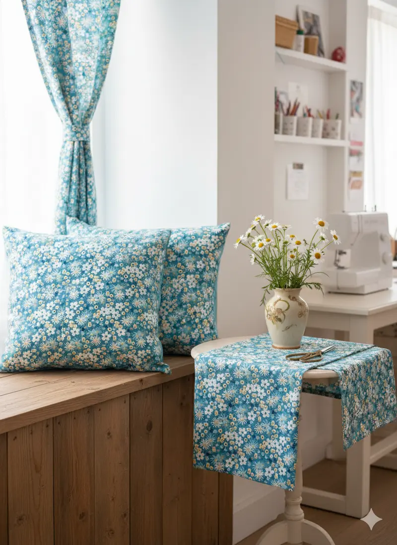 Wohnbereich mit Deko-Kissen, einem Vorhang und einem Tischläufer aus blau-türkisem Baumwollstoff mit Blumenmuster, neben einer Nähmaschine und einer Vase mit Gänseblümchen.
