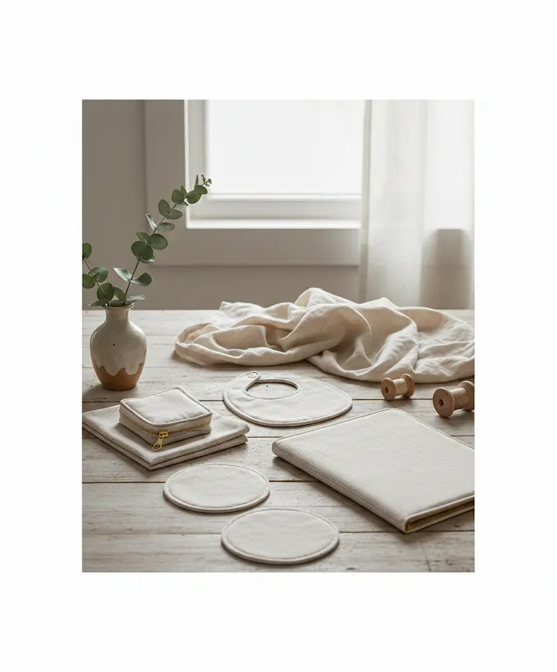 Ein flach ausgelegtes Baby-Lätzchen, eine Buchhülle, eine kleine Reißverschlusstasche und runde Untersetzer aus puder-apricotfarbener Baumwoll-Webware mit weißem Gittermuster neben einer Vase auf einem rustikalen Holztisch.