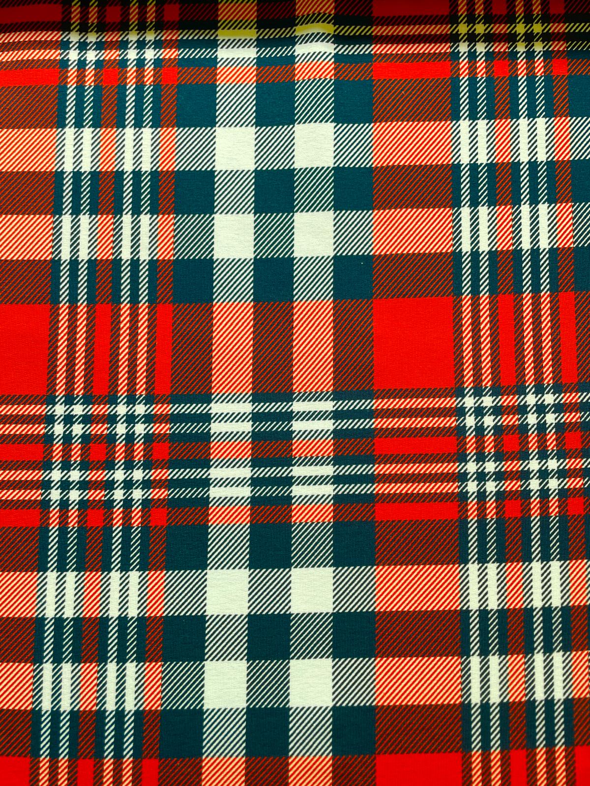 Karierter French Terry Stoff in Rot und Dunkelblau für Hoodies und Kinderkleidung.