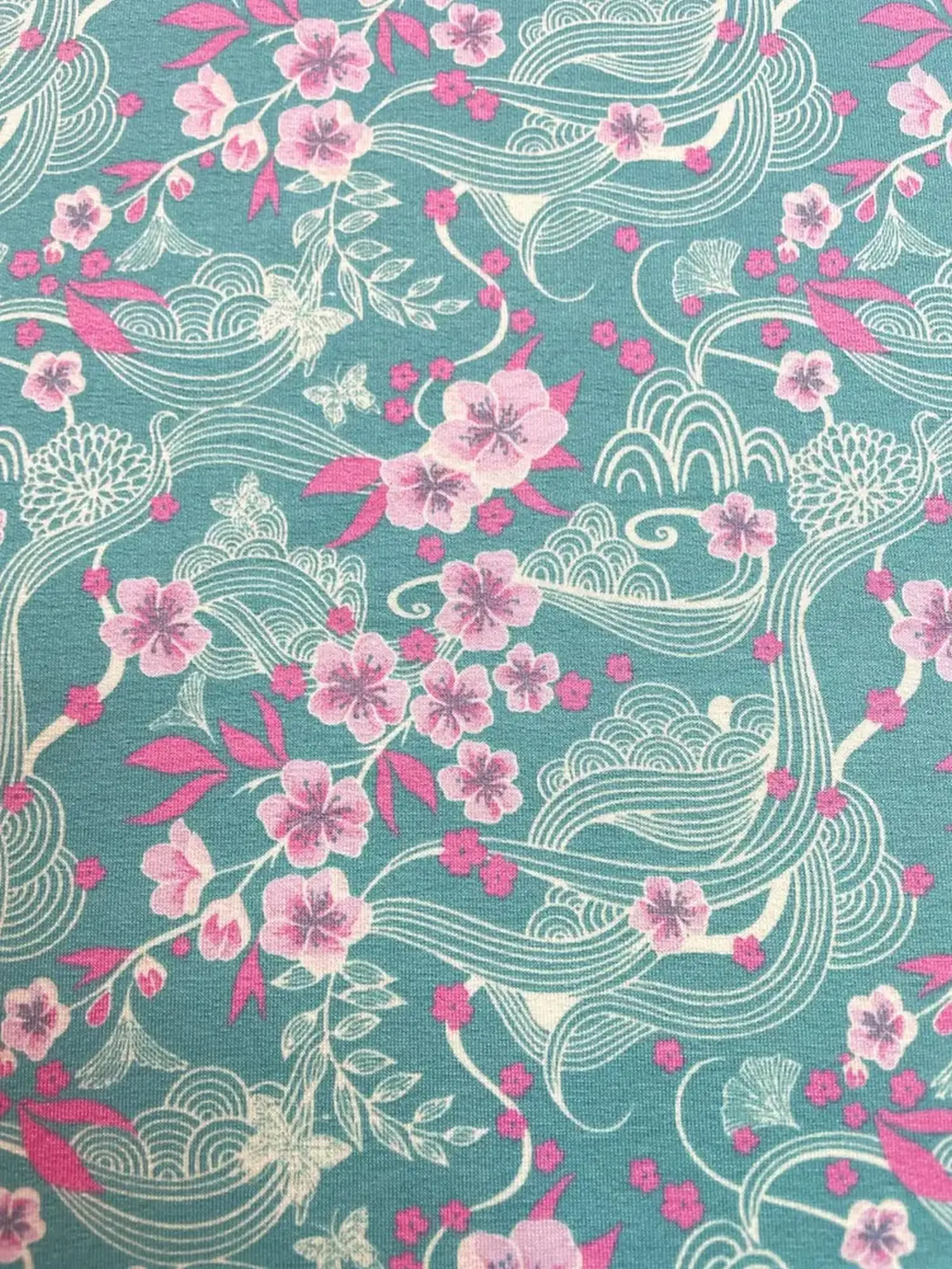 Viskosejersey "Sakura Wave" petrol / grün mit rosa Blümchen Viskosejersey "Sakura Wave" petrol / grün mit rosa Blümchen