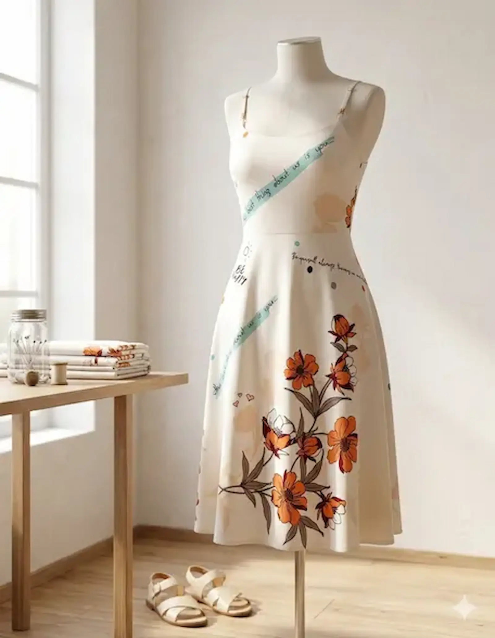 Elegantes Sommerkleid auf einer Schneiderpuppe aus cremeweißer Bio-Viskose mit orangefarbenen Blumen und inspirierenden Schriftzügen.