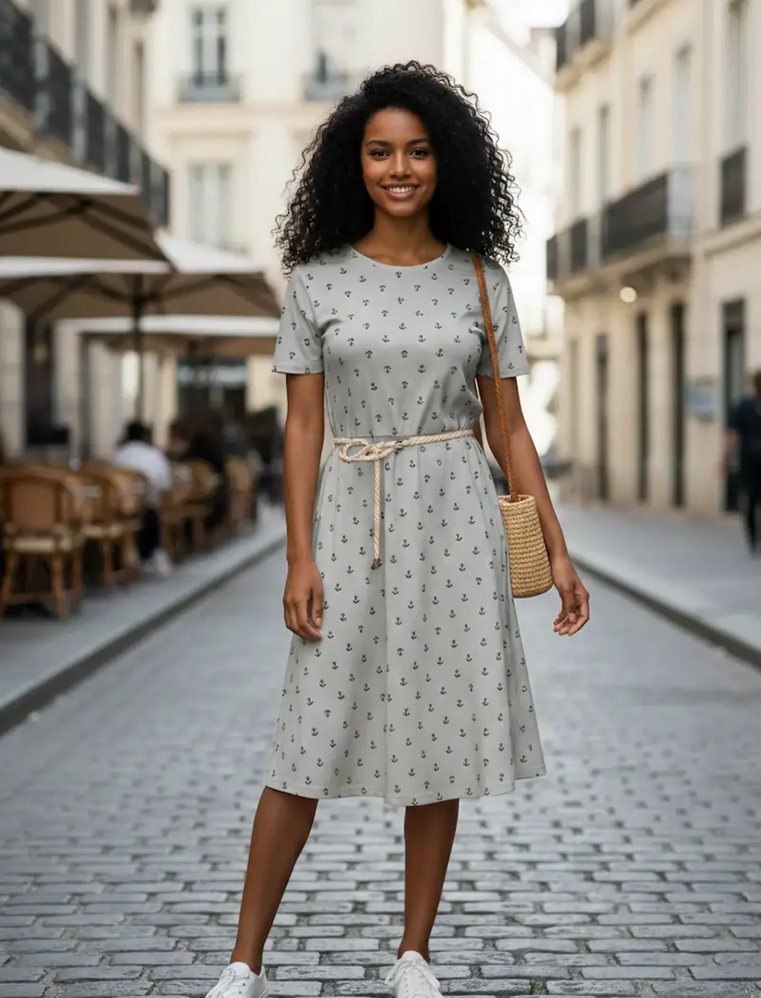 Eine lächelnde Frau steht in einer europäischen Altstadt und trägt ein knielanges Sommerkleid aus hellgrauem Jerseystoff mit kleinen dunkelblauen Ankern, kombiniert mit einem Kordelgürtel.
