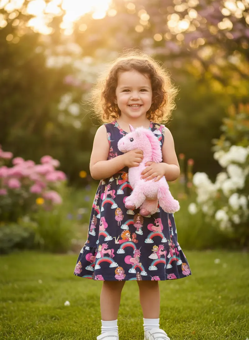 Ein fröhlich lächelndes Kind steht auf einer grünen Wiese im Garten und trägt ein selbstgenähtes, dunkelblaues Jerseykleid, das mit bunten Regenbögen, rosa Einhörnern und kleinen Prinzessinnen bedruckt ist. In den Armen hält es ein rosa Plüscheinhorn. Der