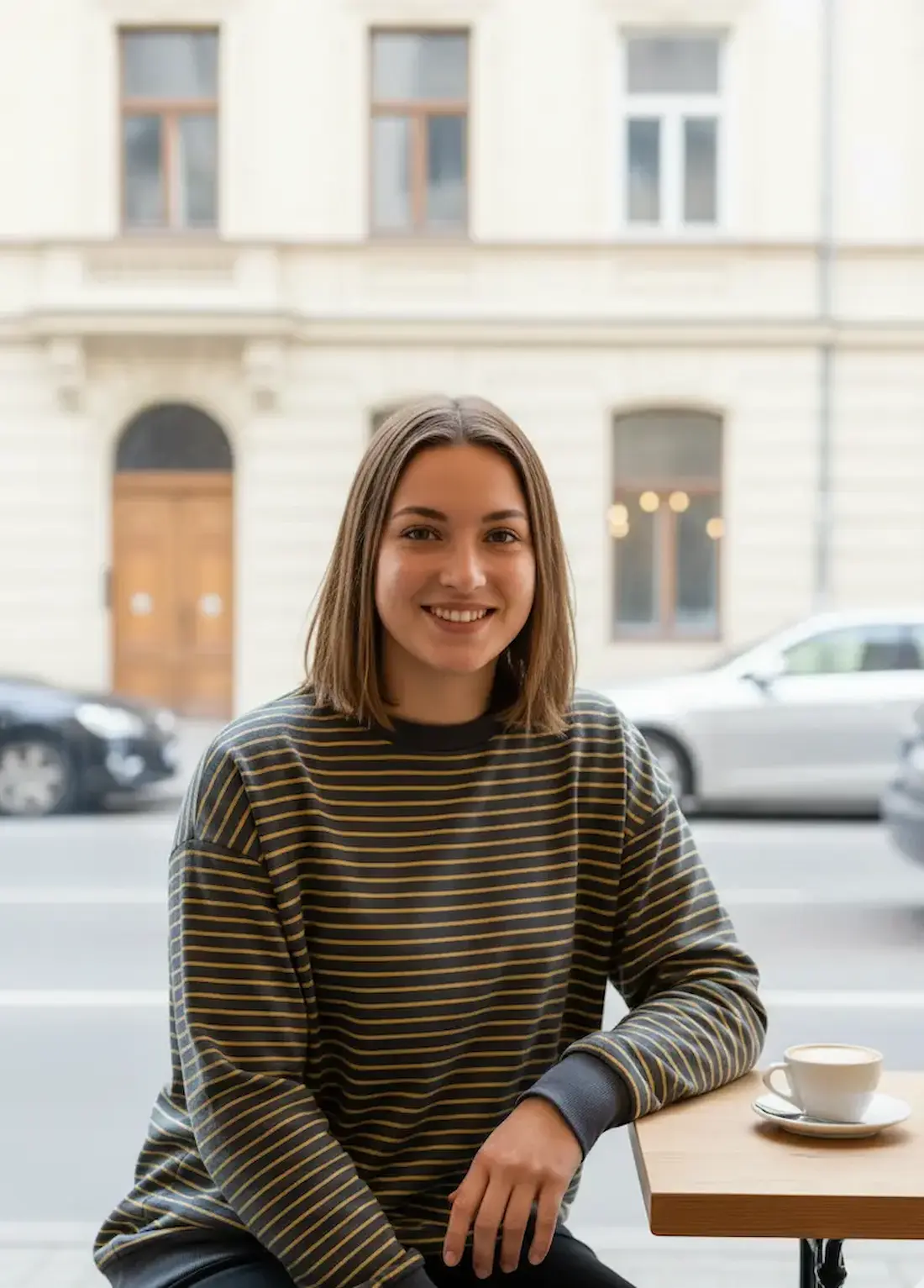 Eine lächelnde junge Frau sitzt an einem Tisch im Freien und trägt ein langärmeliges Shirt aus gestreiftem French Terry in Grau und Gelb zur Demonstration eines modernen Everyday-Looks.