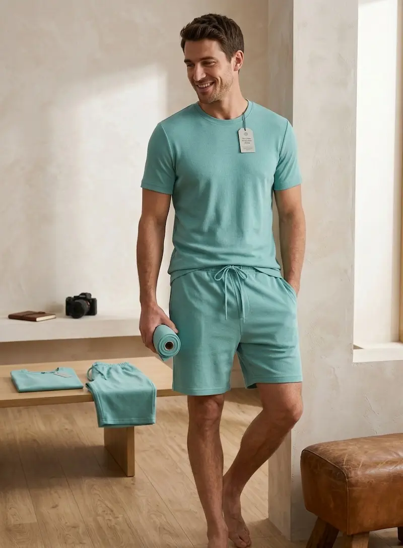Ein Mann trägt ein Set aus T-Shirt und Shorts aus aqua-türkisfarbenem Baumwolljersey; im Hintergrund Stoffrollen und Näh-Inspirationen.