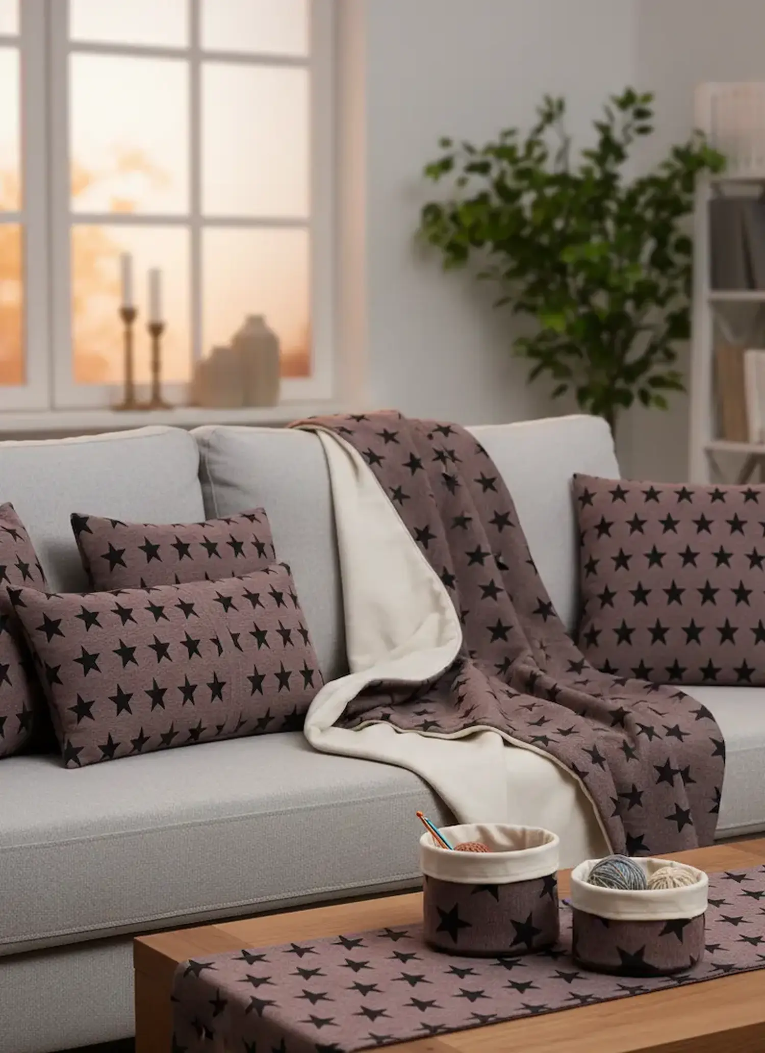 Ein gemütlich eingerichtetes Wohnzimmer mit einem grauen Sofa, auf dem mehrere selbstgenähte Kissen und eine kuschelige Wohndecke mit heller Rückseite liegen. Alle Dekoelemente, inklusive Tischläufer und kleiner Stoffkörbchen, sind aus dem braunen Jacquar