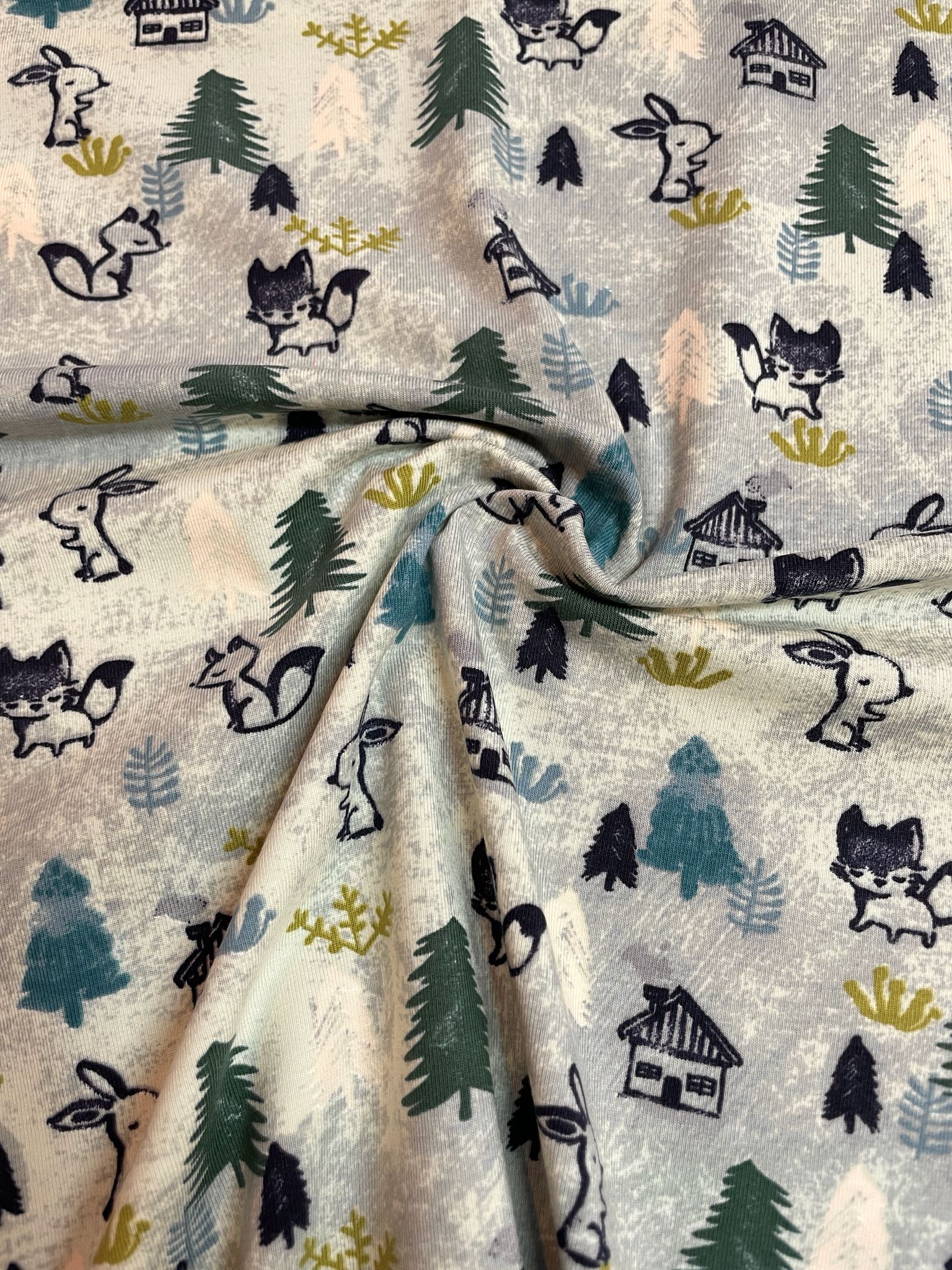 Bio Jersey "Waldesruh" mint / grau mit Waldtieren