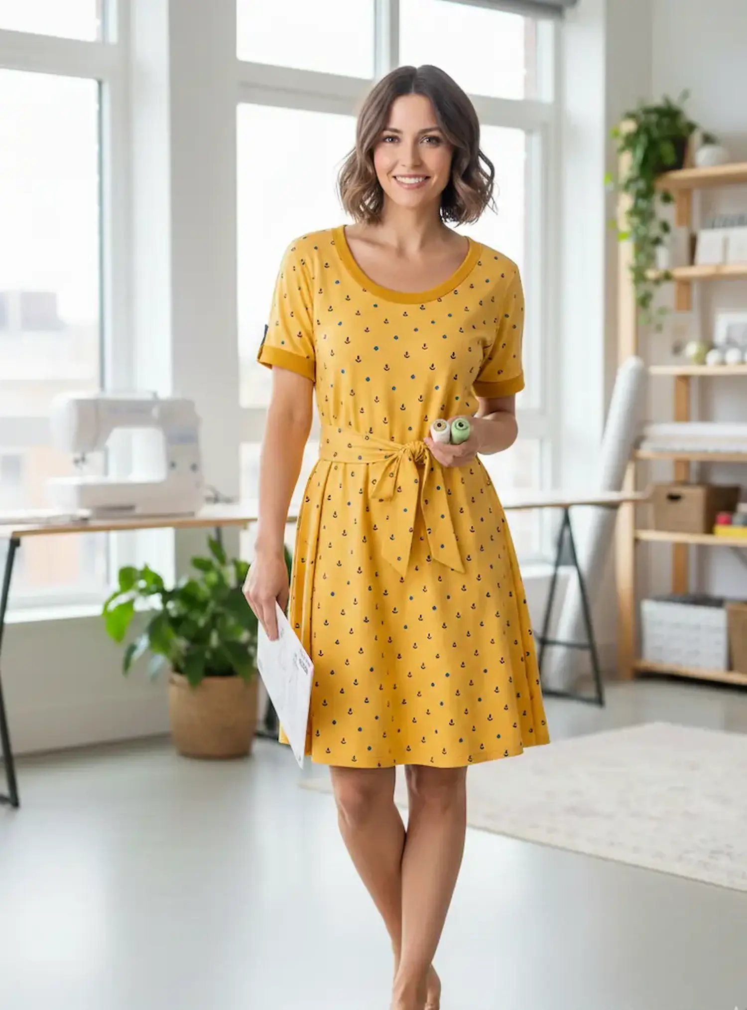 Eine lächelnde Frau steht in einem hellen Nähzimmer und trägt ein knielanges, selbstgenähtes Kleid aus senfgelbem Jerseystoff mit kleinen Ankern und Sternen.