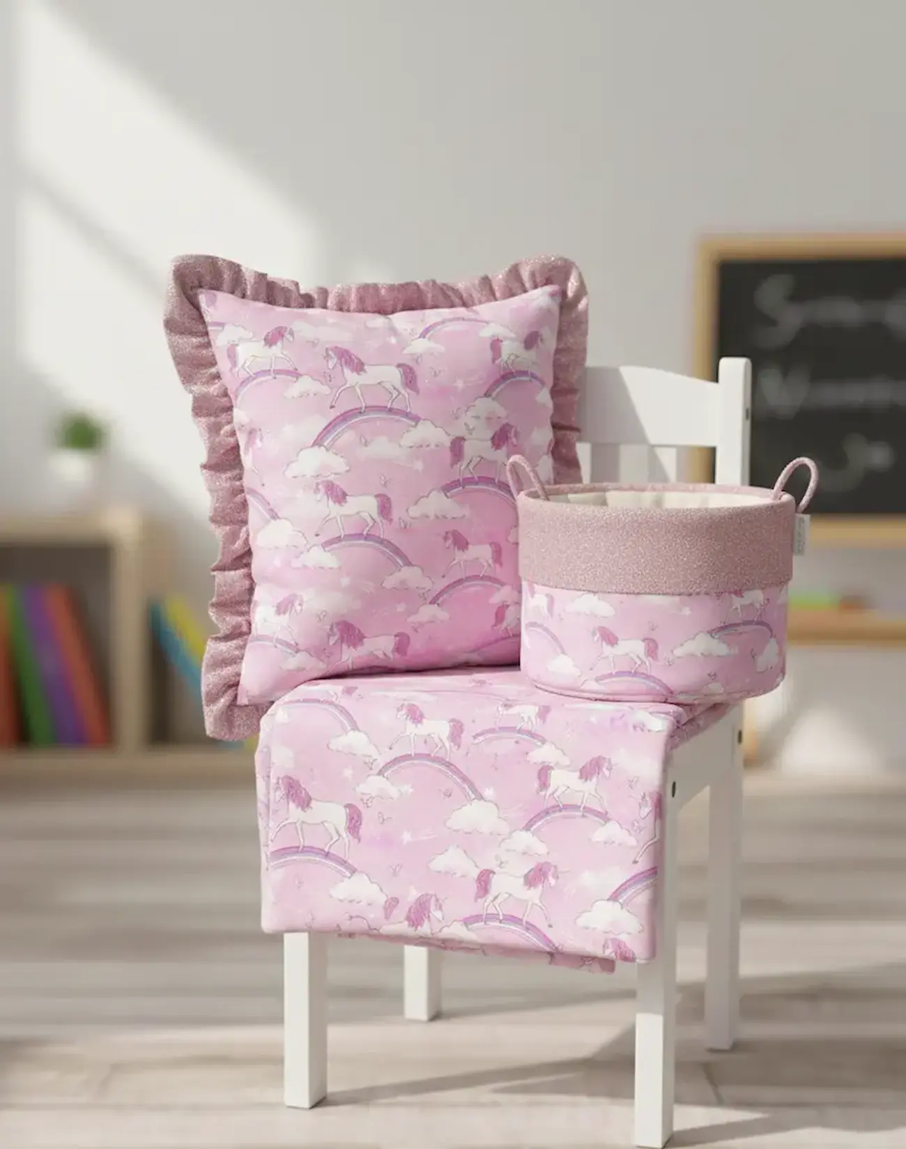 Einhorn-Deko aus rosa Baumwoll-Webware auf einem weißen Kinderstuhl: Ein Dekokissen mit Stehsaum, ein Utensilo-Körbchen und eine Decke mit Mustern von Einhörnern und Regenbögen vor Wolken.