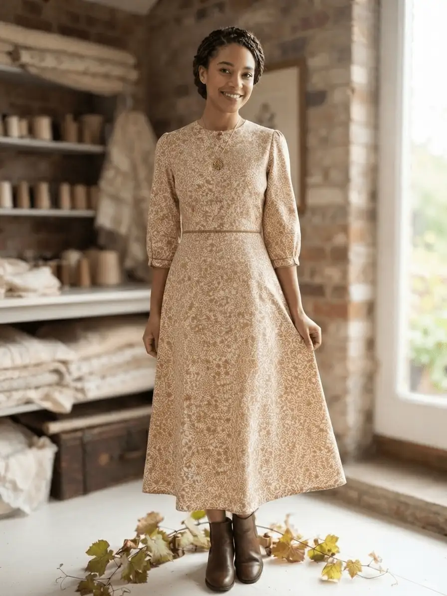 Hochwertiger Baumwollstoff als Meterware mit feinem, braun-beigem Blumen- und Ornamentmuster im Vintage-Stil