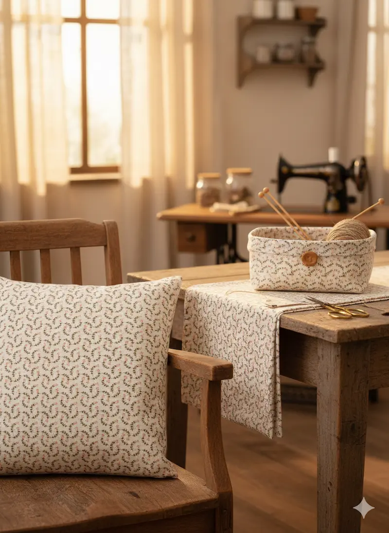 Gemütliche Nähecke im Landhausstil mit einem Deko-Kissen, einem Tischläufer und einem Stoffkörbchen aus gemustertem Baumwollstoff mit feinen Ranken und Blüten, im Hintergrund eine antike Nähmaschine.