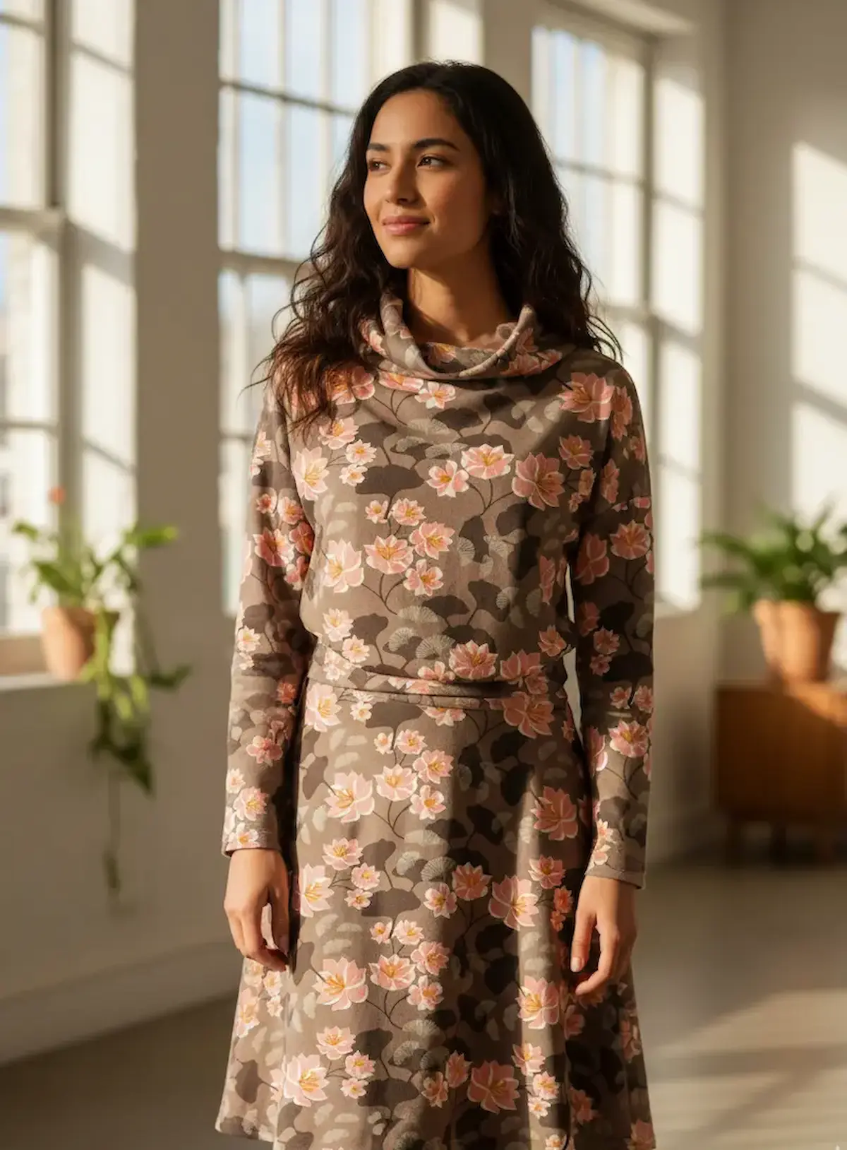 Eine Frau in einem hellen Raum trägt ein selbstgenähtes Langarmkleid mit lockerem Kragen aus dem elastischen Jerseystoff mit rosa Lotusblüten- und graubraunem Ginkgomuster.