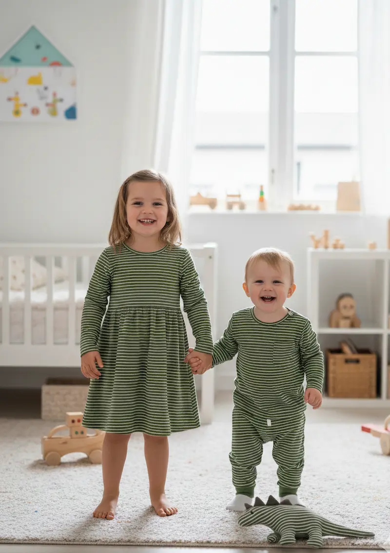 Zwei glücklich lachende Kinder im hellen Kinderzimmer tragen ein handgemachtes Langarmkleid und einen passenden Strampler aus salbeigrunem Baumwolljersey mit feinen weißen Querstreifen.