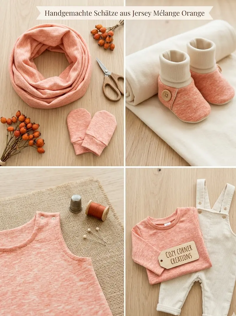 Flatlay-Collage mit Nähbeispielen aus orange meliertem Baumwolljersey: Loop-Schal, Babyschuhe, Shirt und Baby-Latzhose.