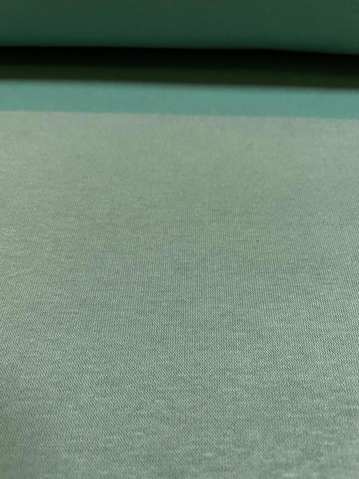 Nahaufnahme eines einfarbigen Alpenfleece-Stoffes in Eukalyptusgrün. Die glatte Jersey-Oberseite zeigt eine feine Maschenstruktur, die typisch für diesen kuscheligen, dehnbaren Sweatstoff ist.