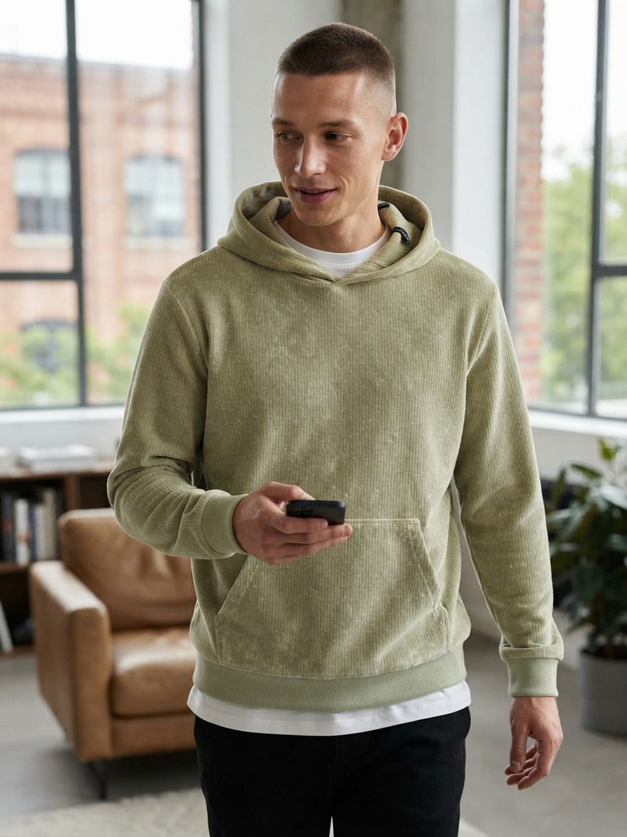 Model trägt einen kuscheligen Damen-Hoodie aus salbeigrüntem Supersoft Cord & Fleece Stoff mit Kängurutasche