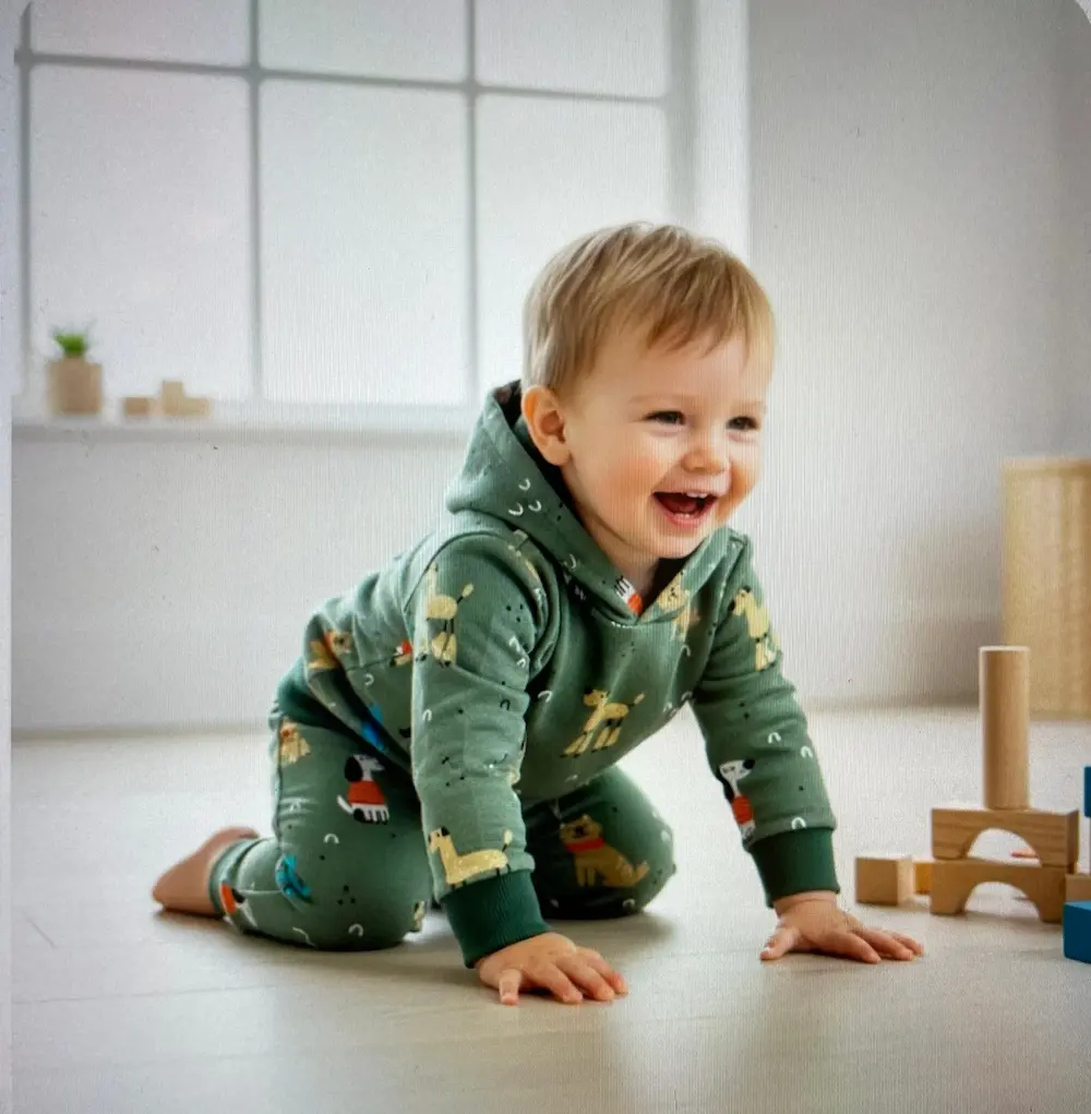 Elastischer French Terry Stoff als Meterware in Grün mit Hunde-Muster, verarbeitet zu einem gemütlichen Baby-Kapuzenpullover und einer passenden Hose beim Spielen auf dem Boden.