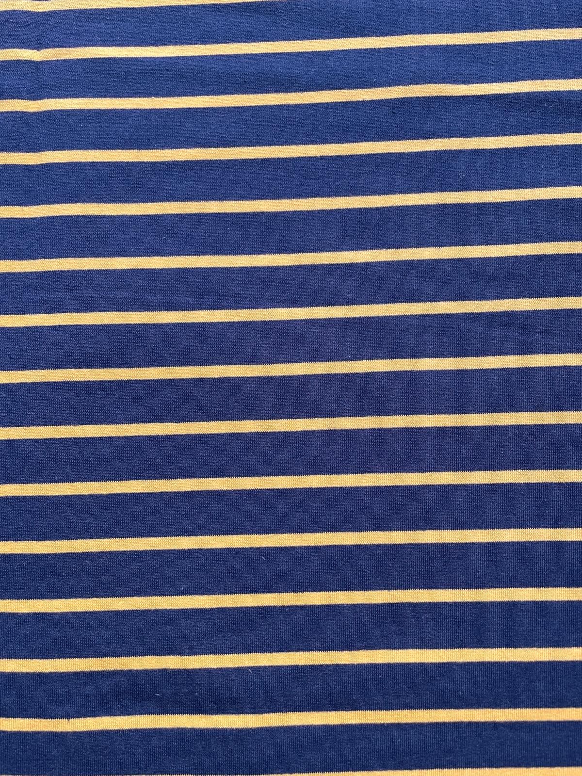 Gestreifter French Terry Stoff in Dunkelblau und Senfgelb, hochwertige Baumwoll-Meterware für Kinderkleidung und Hoodies.