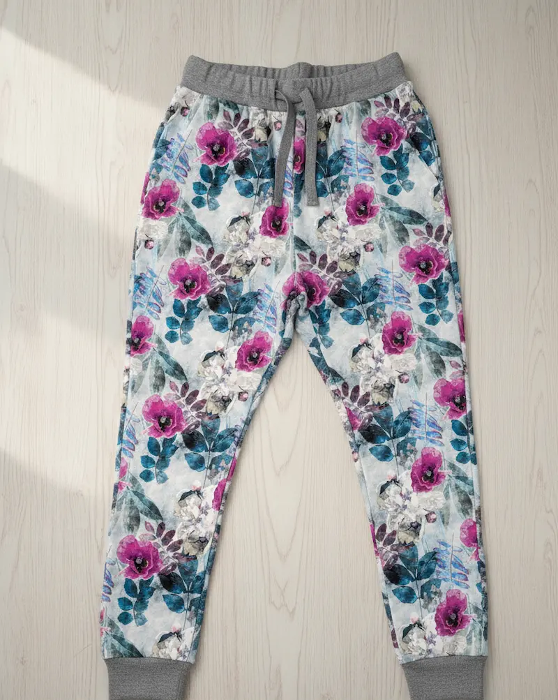 Jogginghose aus French Terry Meterware mit floralem Mohnblumen-Muster, grauem Tunnelzug und Bündchen auf hellem Holzboden.