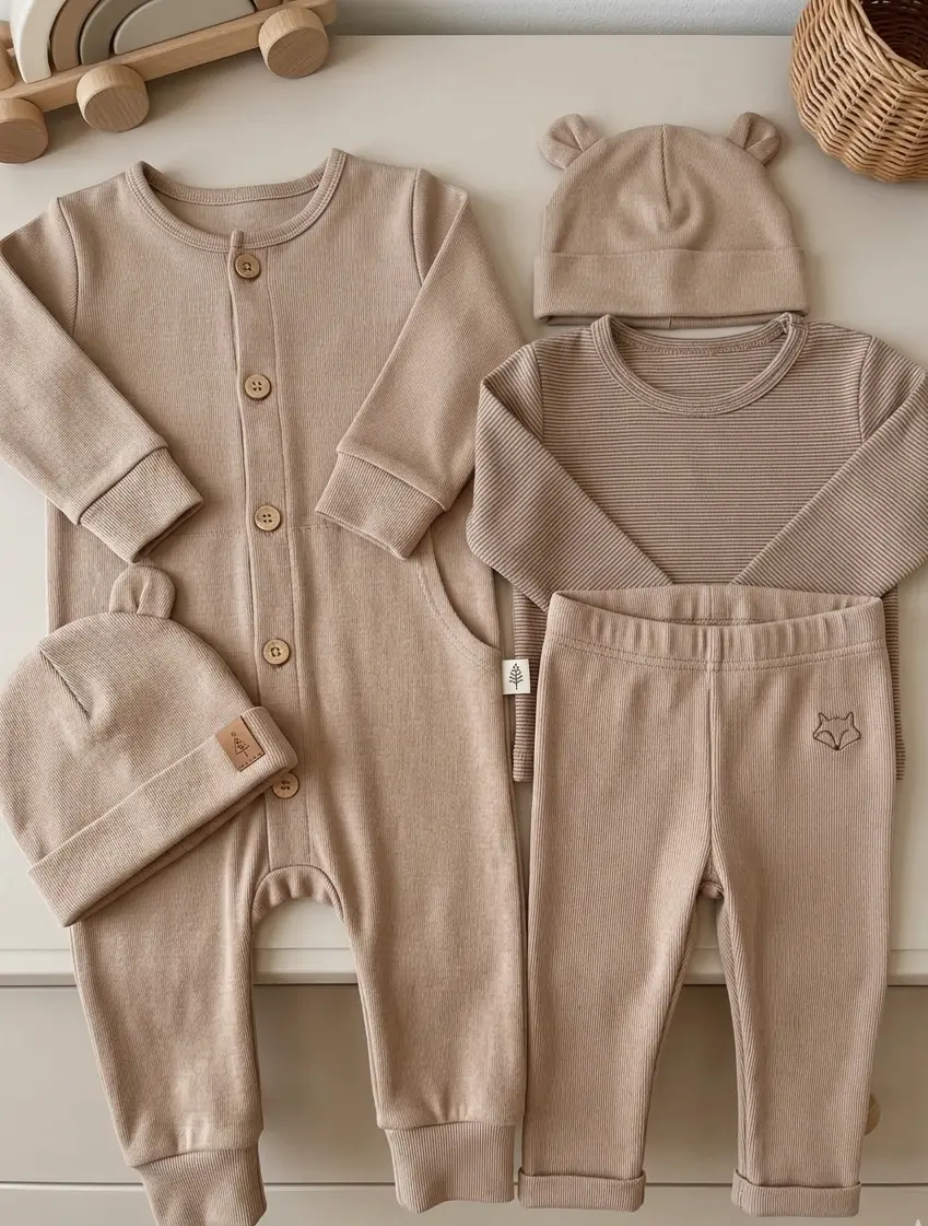 Flachgelegte Ansicht eines Baby-Sets aus beigem Baumwolljersey (Ripp-Optik), bestehend aus einem Einteiler mit Holzknöpfen, Hose, Shirt und passenden Mützchen mit Bärenohren.