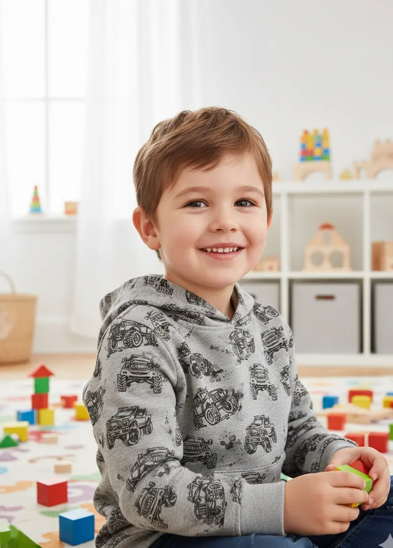 Ein lächelndes Kind trägt einen selbstgenähten Hoodie aus grauem Sweatstoff mit Monstertruck-Muster beim Spielen im Kinderzimmer.