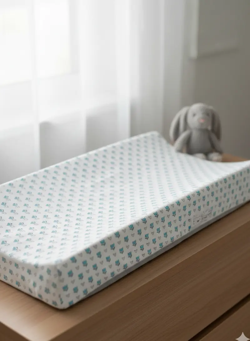 Designbeispiel für French Terry Meterware: Ein selbstgenähter Bezug für eine Wickelauflage mit blauem Tulpenmuster auf einer Holzkommode, dekoriert mit einem grauen Plüschhasen vor einem hellen Fenster.