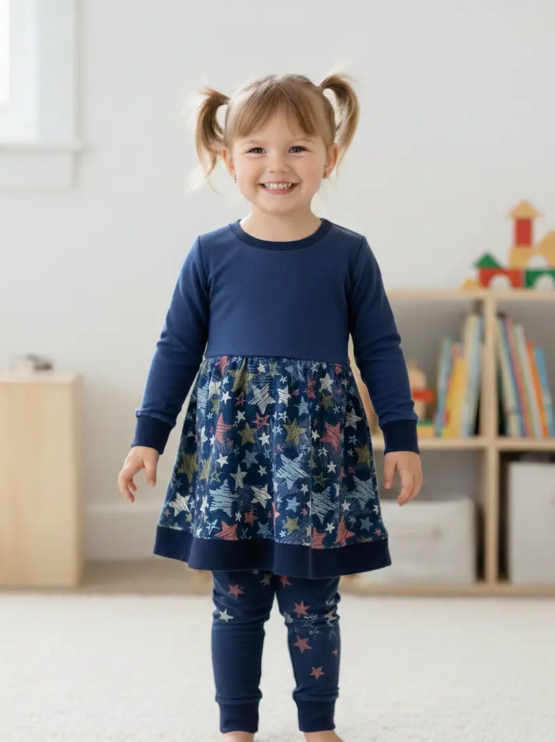 Ein kleines Mädchen trägt ein zweiteiliges Set aus dunkelblauem French Terry Stoff. Das Design kombiniert einen unifarbenen blauen Bereich mit einem verspielten Sternenmuster auf Hose und Rockteil. Hochwertiger, elastischer Sommersweat für DIY-Kinderkleid