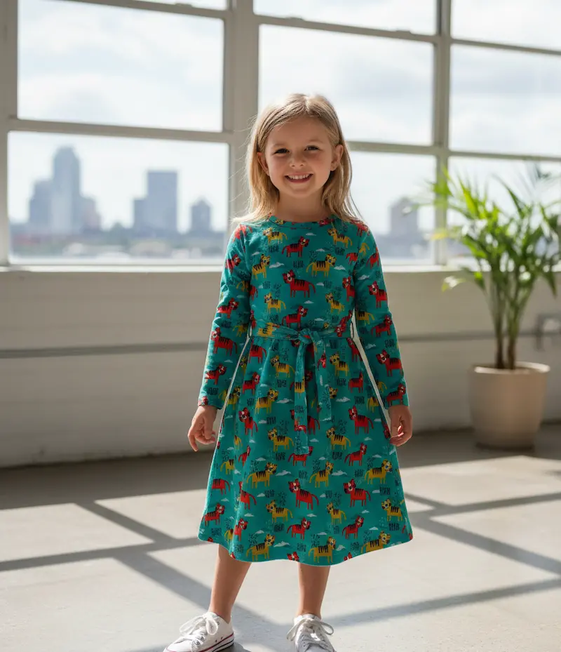 Mädchen trägt ein langärmeliges Kleid aus türkisem French Terry Stoff mit bunten Tiger-Motiven in Rot und Gelb.