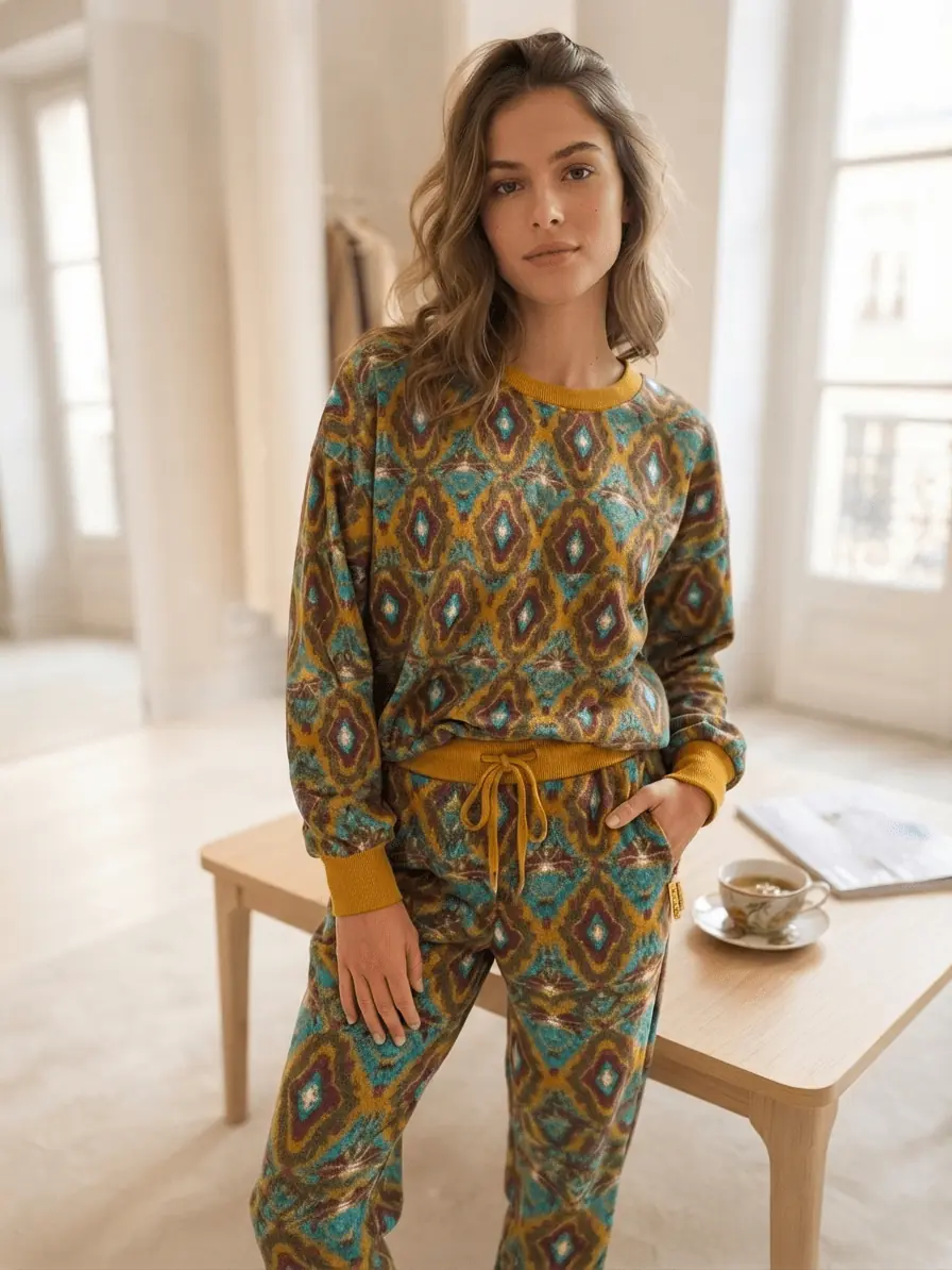Frau trägt einen selbstgenähten Jogginganzug aus French Terry Stoff mit Ikat-Muster in Gold und Türkis