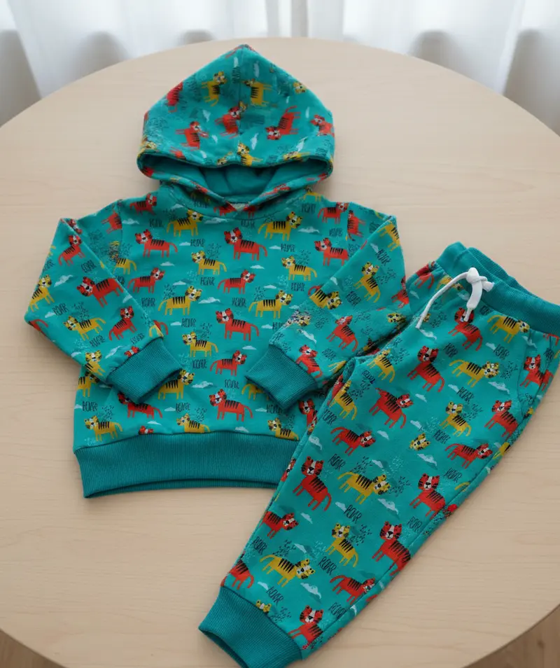 Flach liegendes Set aus Kinder-Hoodie und passender Jogginghose aus türkisem French Terry Stoff mit bunten Tiger-Motiven.