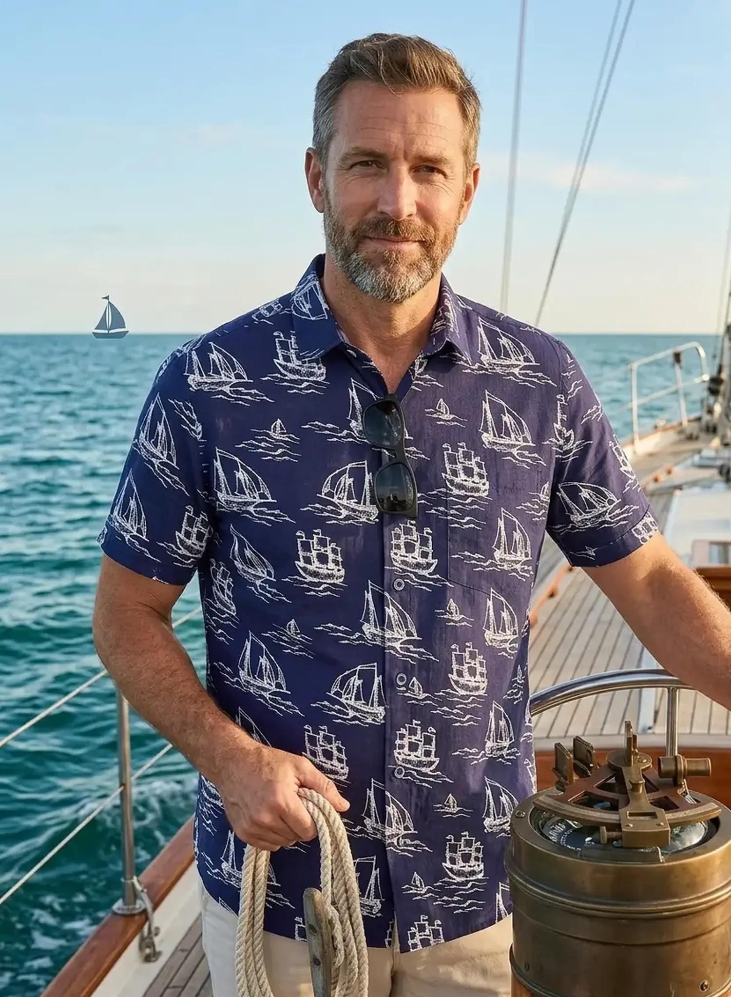 Herrenhemd aus dunkelblauer Viskose Webware mit weißem Segelschiff-Print, getragen von einem Mann auf einem Boot auf dem Meer