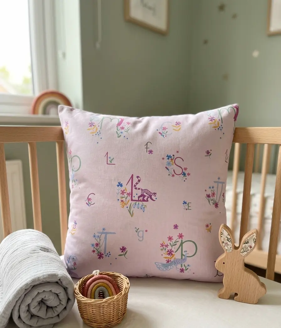 Kuscheliges Dekokissen fürs Kinderzimmer aus fliederfarbener Baumwoll-Webware mit floralem Buchstaben- und Tiermuster als kreatives Nähbeispiel.