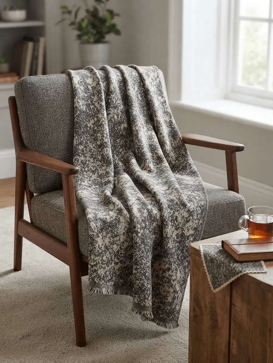 Elegante, selbstgenähte Sofadecke mit Fransen aus schlamm-naturfarbenem Strick-Jacquard Stoff über einem Sessel