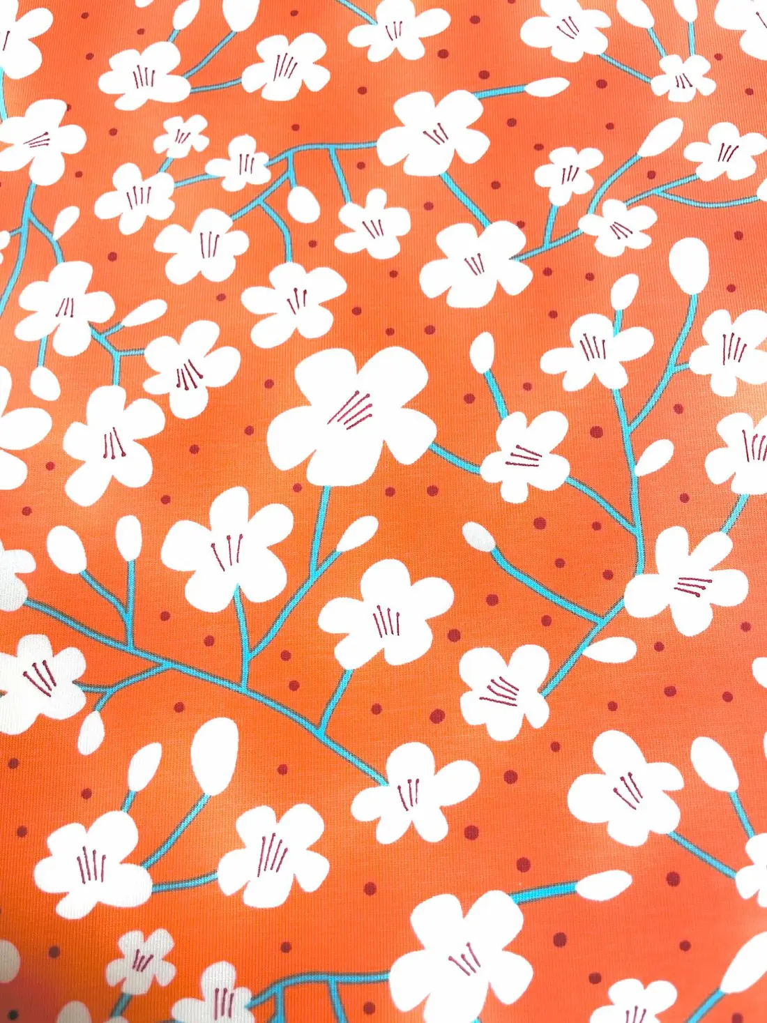 Hochwertiger Jersey-Stoff in leuchtendem Orange mit einem Muster aus weißen Blüten und Knospen an türkisfarbenen Zweigen. Der Hintergrund ist zusätzlich mit dezenten, dunkelroten Pünktchen verziert.ersey-Stoff mit weißen Blüten auf kräftigem Orange